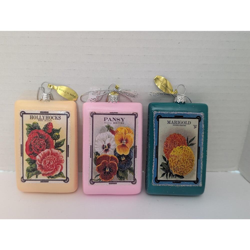 Vintage Seed Packet Glass Ornaments Set Hollyhocks Pansy Marigold Garden Decor